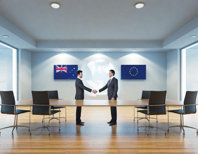 International leaders shaking hands at technology summit with global flags in background
