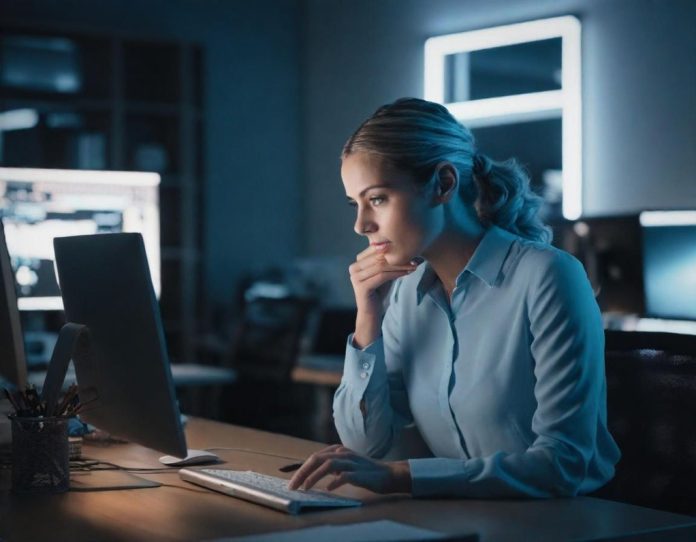 Professional working late while managing multiple digital workflows on computer screens in modern office