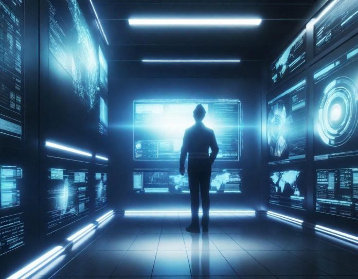 Modern mission control center monitoring both space exploration and artificial intelligence systems with advanced data visualization displays