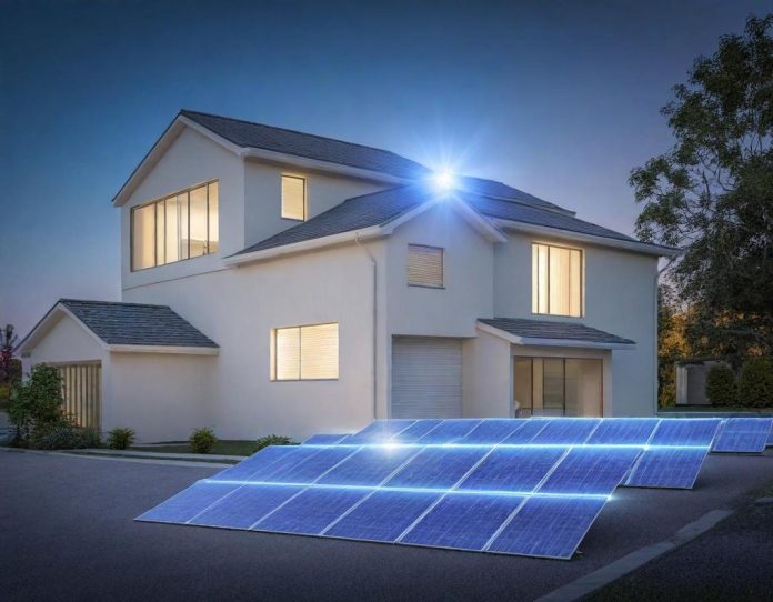Visualization of smart home energy management system showing solar panels, battery storage, and electricity flow in modern residence