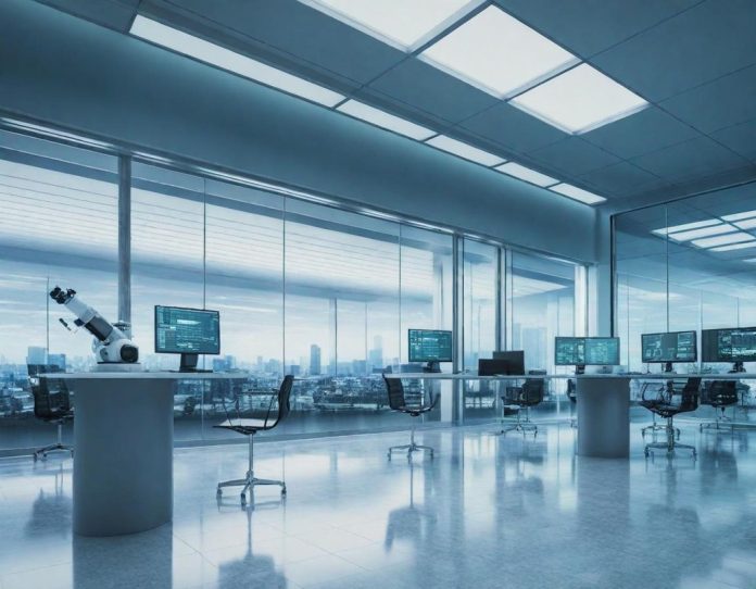 Robotic arm working alongside computer screens displaying code in a modern office environment