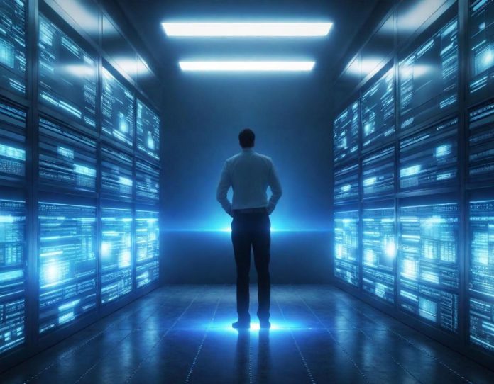 Modern data center infrastructure with advanced computing systems and monitoring displays