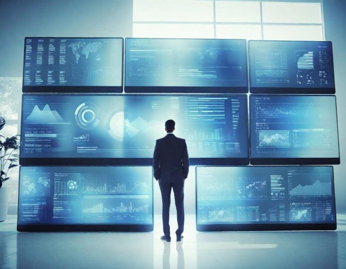 Professional accountant reviewing automated financial reports on digital screens in modern office setting