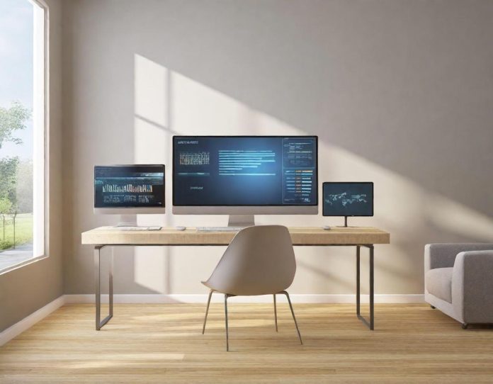 Entrepreneur managing diversified business operations across digital platforms in modern workspace