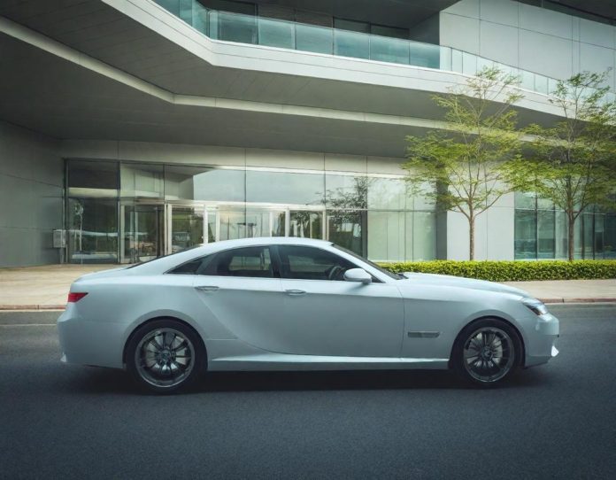 Autonomous vehicle driving through modern cityscape at dusk