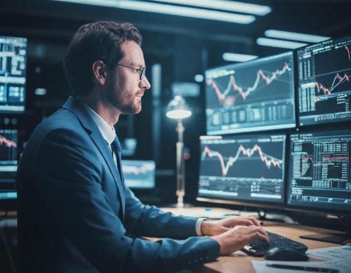 Financial analyst monitoring real-time market data and AI research reports on multiple digital displays in a professional trading environment
