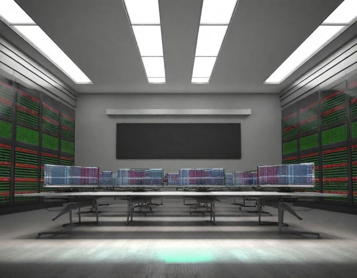 Financial traders analyzing market data on multiple monitors in a modern trading environment