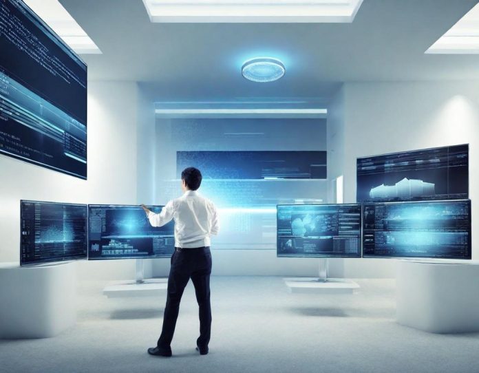 Sales professional analyzing data visualizations on multiple monitors in modern office setting