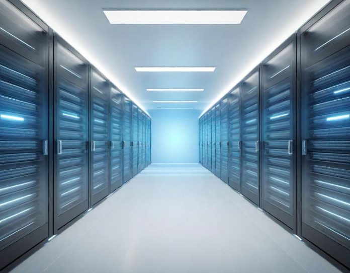 Modern data center interior with rows of server equipment and network infrastructure