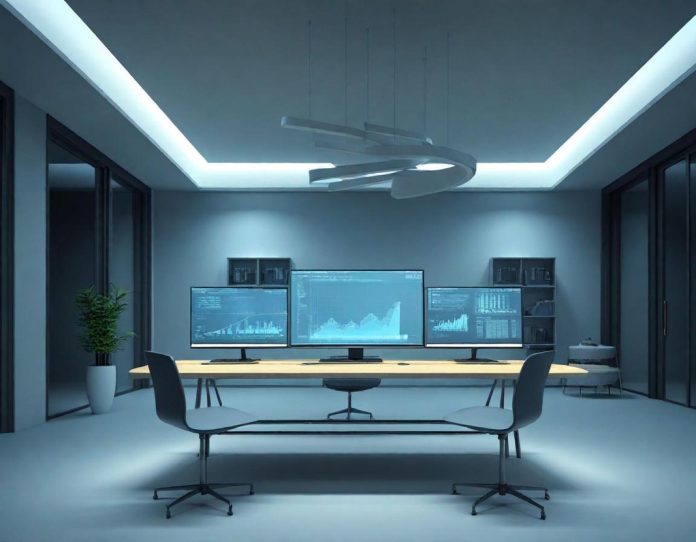 Modern office workspace showing data analytics on multiple computer monitors in a professional setting