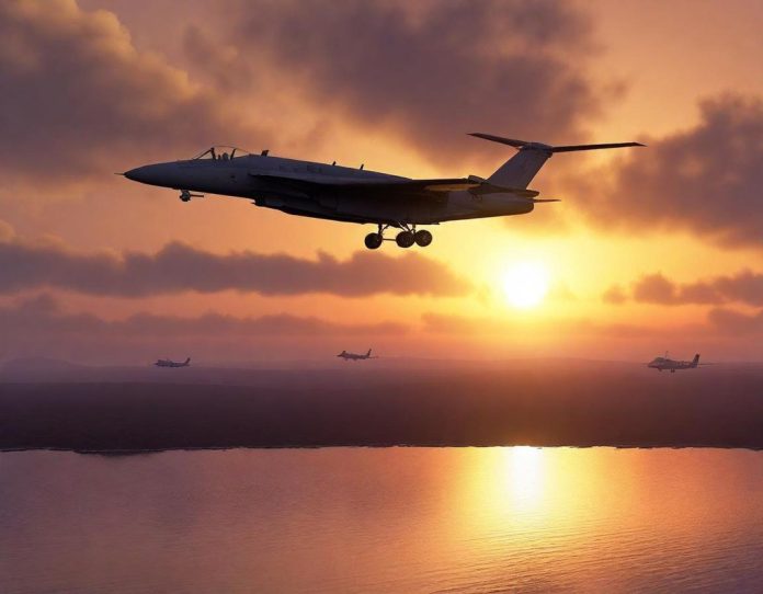 Multiple advanced aerial vehicles flying in synchronized formation against dramatic sunset sky over testing range