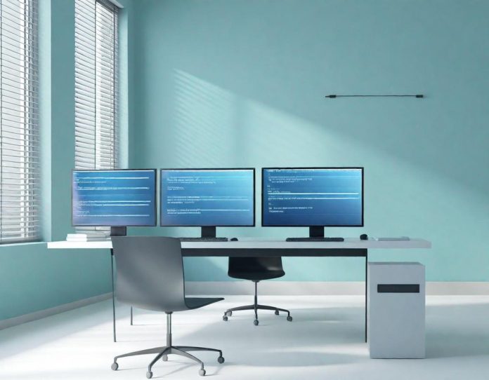 Modern office workspace showing automated email management interface on computer screen