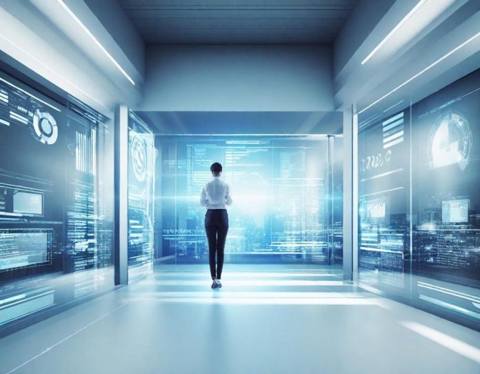 Professional interacting with advanced digital interface in modern workplace setting