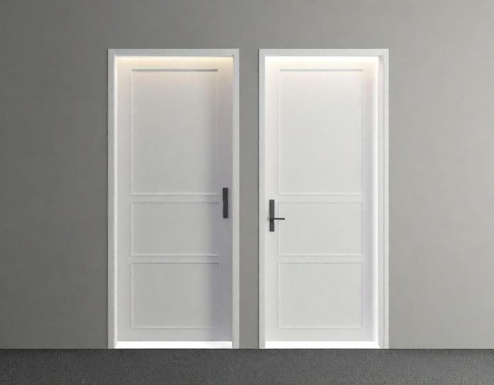 Modern smart lock keypad on a contemporary door with hand approaching for tap-to-unlock functionality