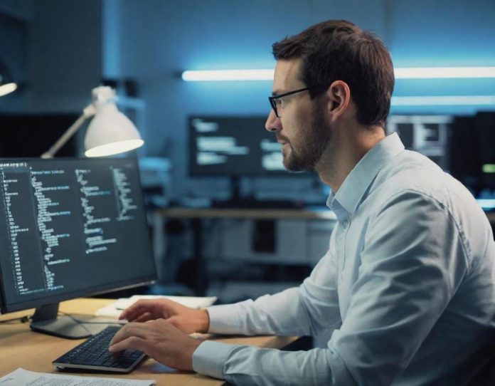 Software developer working with AI coding assistant in modern office environment