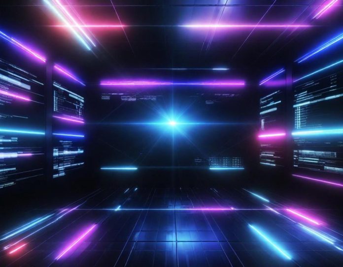 Abstract representation of digital misinformation and data flows in a futuristic setting