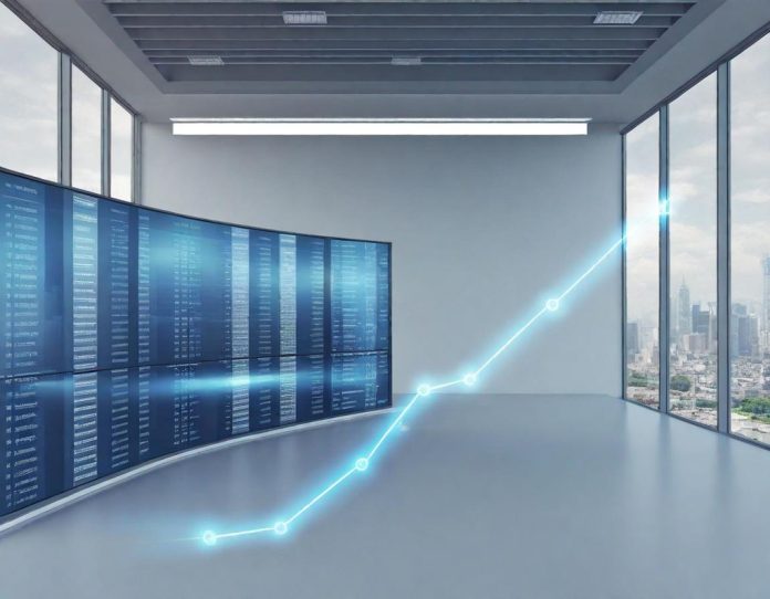 Abstract visualization of dual valuation paths in financial markets with intersecting lines and data points