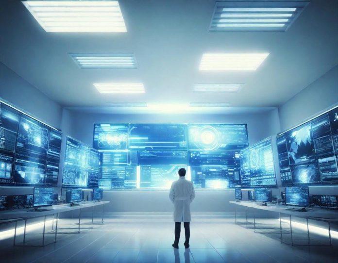 Researchers working in a high-tech AI laboratory with multiple computer screens displaying data visualizations