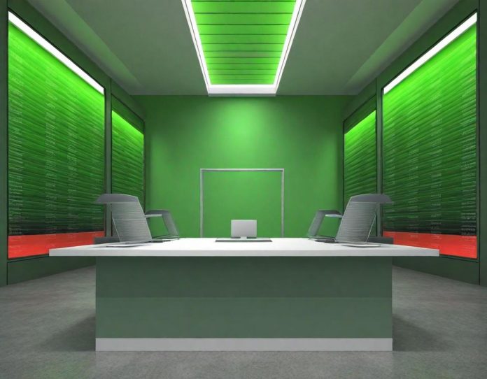 Conceptual illustration showing economic scales with AI technology on one side and financial market indicators on the other, representing the tension between AI's economic impacts