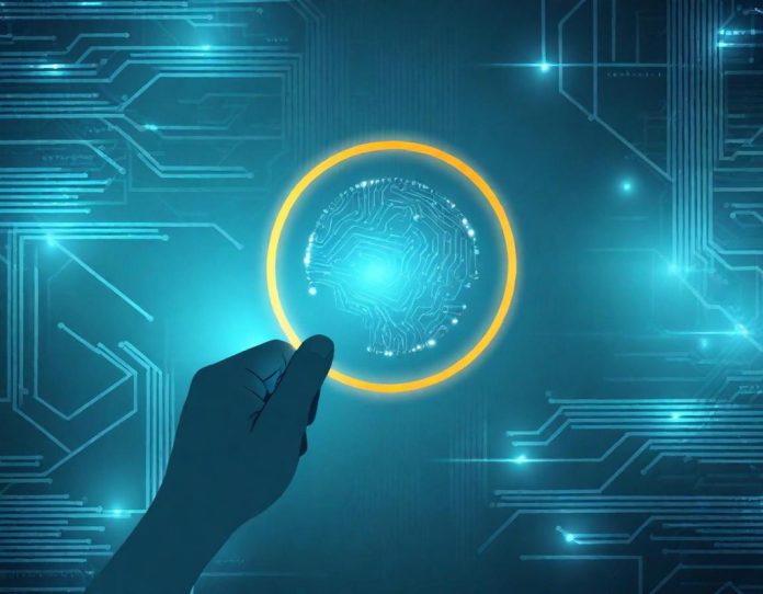 Circuit board with glowing connections showing export restriction being applied