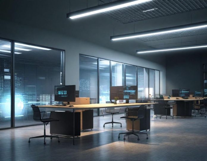 Corporate office transformation showing workers adapting to technological changes in workplace environment