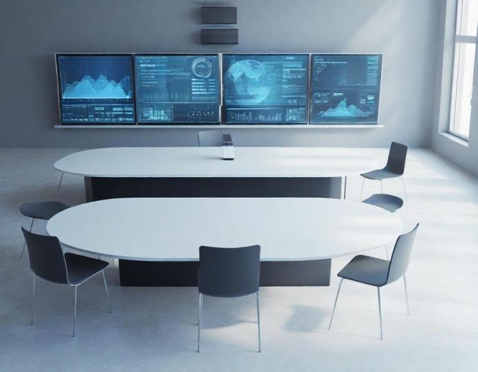 Business professionals collaborating in modern office while reviewing data analytics on digital displays