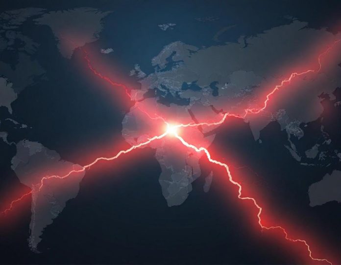 Global map showing energy supply disruption through Strait of Hormuz affecting worldwide markets
