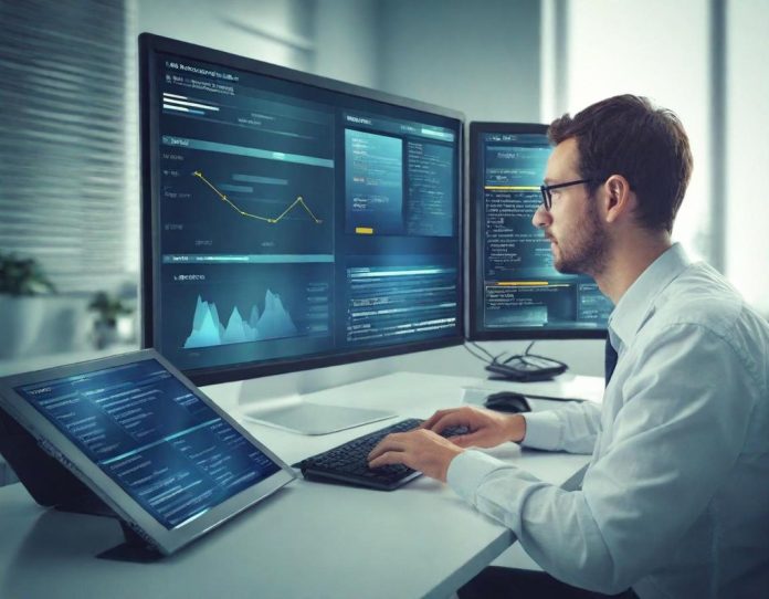 Developer analyzing AI app subscription data and retention metrics on computer screens