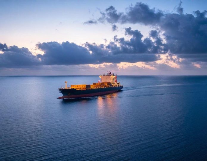 Large cargo vessel navigating through narrow maritime passage with electronic navigation equipment visible on bridge