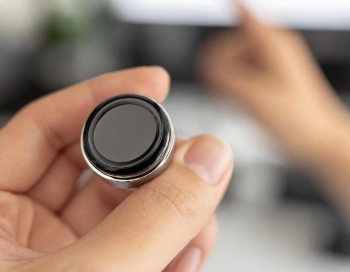 Professional using a smart ring device for voice-activated note-taking in office setting