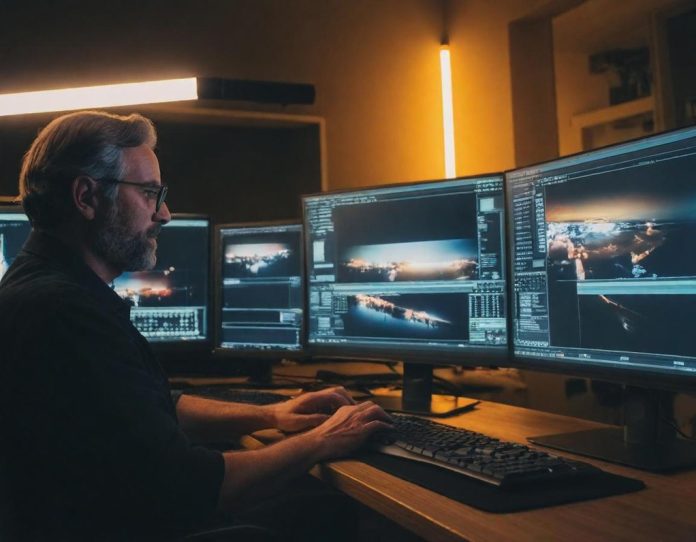 Film editor working with advanced digital editing software in a professional studio environment