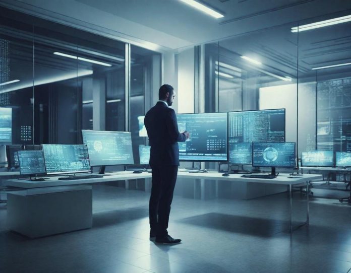 Professional analyzing project management data visualization in modern office environment