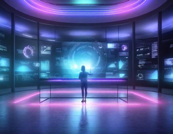 Business professional interacting with futuristic data visualization interface in modern office setting