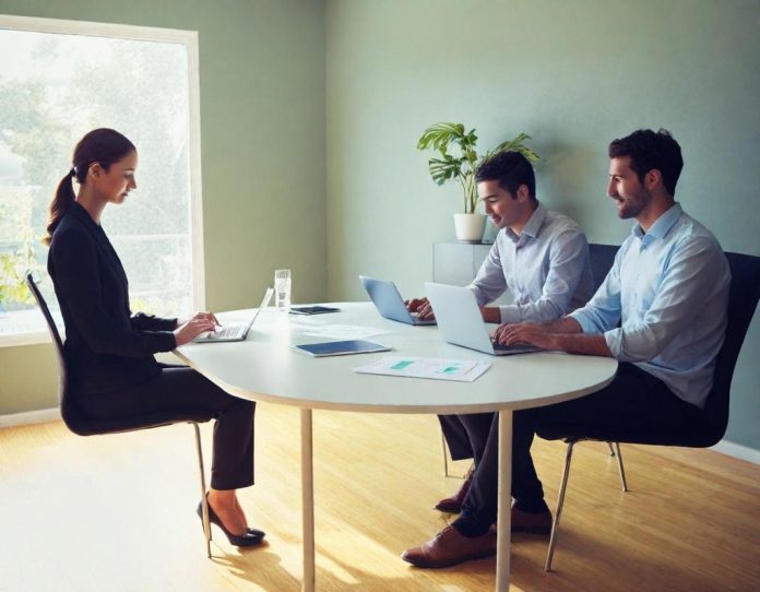 Diverse team of young professionals collaborating in modern office environment with technology