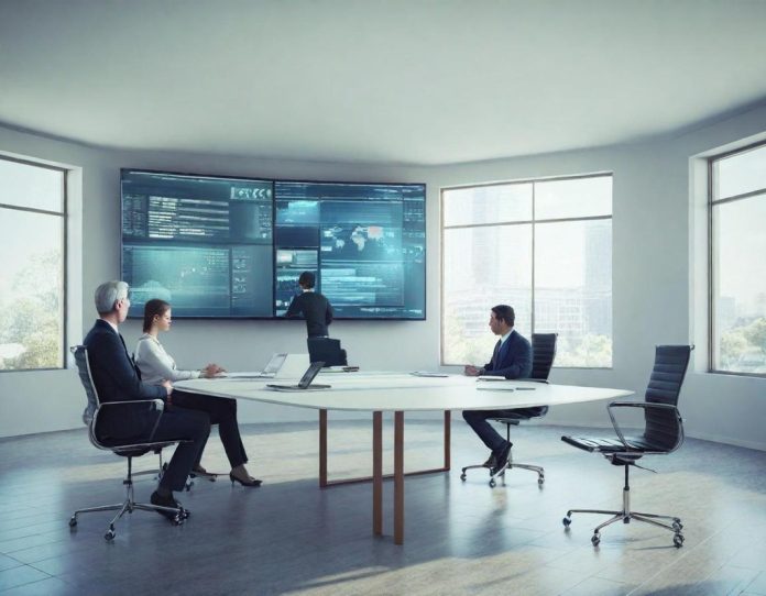 Professional team collaborating in modern office with digital displays showing data analysis