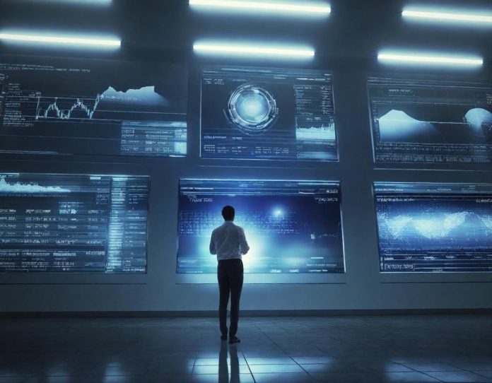 Professional analyzing data visualization with AI-generated patterns in modern office setting