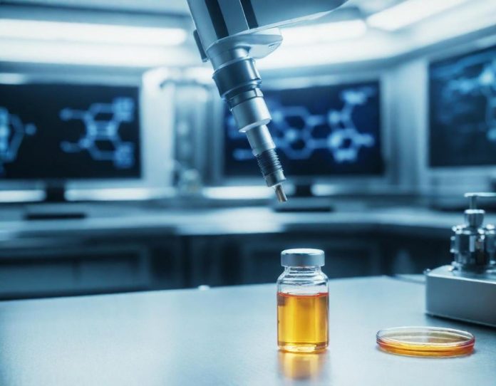 Robotic automation system working alongside chemical research equipment in a modern laboratory setting