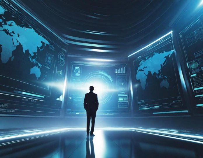 Military analysts working in secure facility with advanced technology interfaces displaying data visualizations