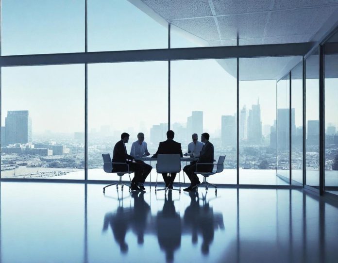 Financial professionals discussing investment documents in a modern office setting