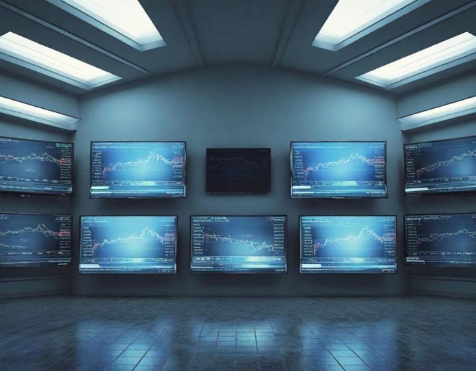 Traders on a bond desk analyze yields as gaming industry charts appear on screens