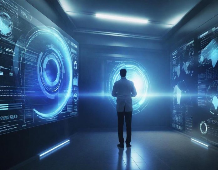 Researcher analyzing advanced cryptographic security patterns in high-tech laboratory setting