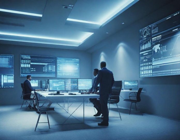 Team of analysts monitoring real-time data dashboards in a modern technology evaluation center