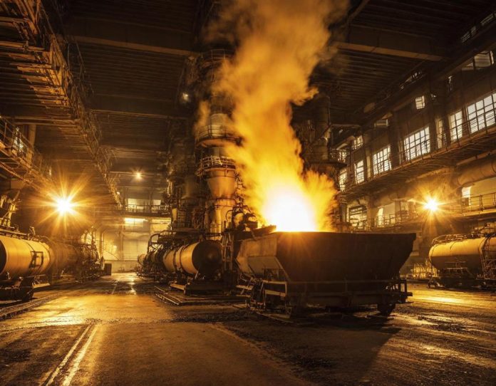 Steel production in modern industrial facility with molten metal processing