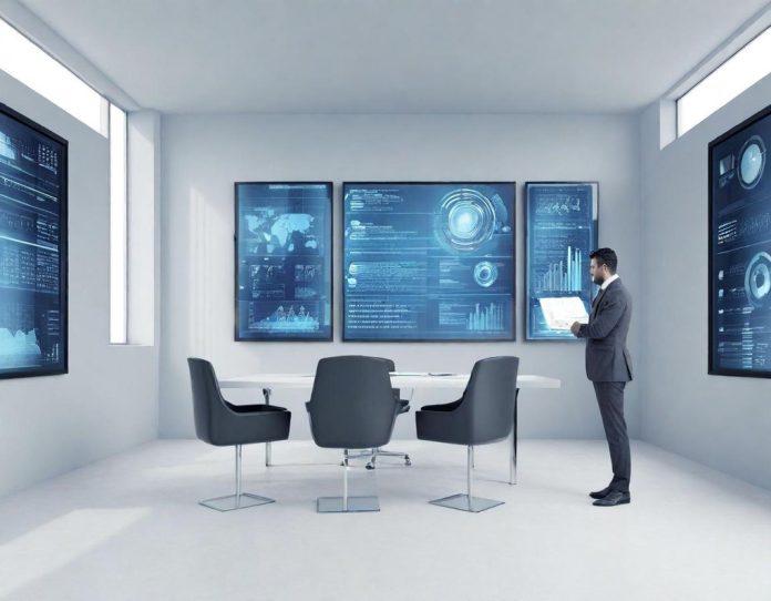 Business professionals collaborating in modern office environment with digital displays showing data analytics