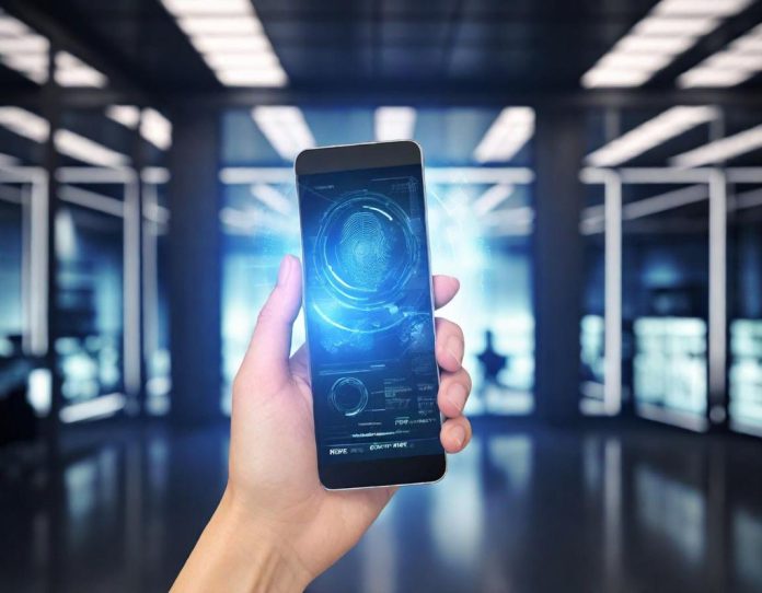 Biometric verification process on smartphone showing security interface with facial recognition technology