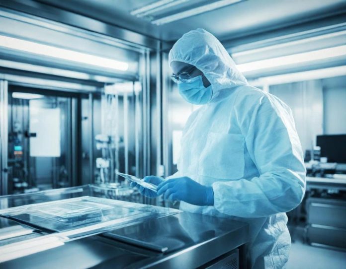 Technician inspecting semiconductor wafer in advanced manufacturing facility