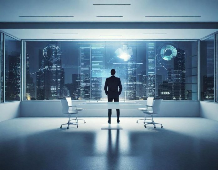 Business executives discussing digital transformation strategy in modern boardroom