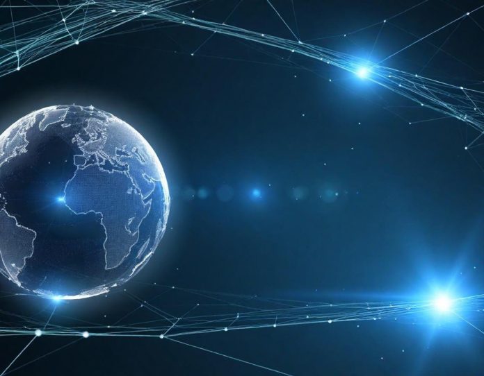 Abstract visualization of interconnected global supply chains with flowing data connections