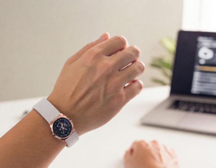 Person using advanced health monitoring wearable device to track biometric data