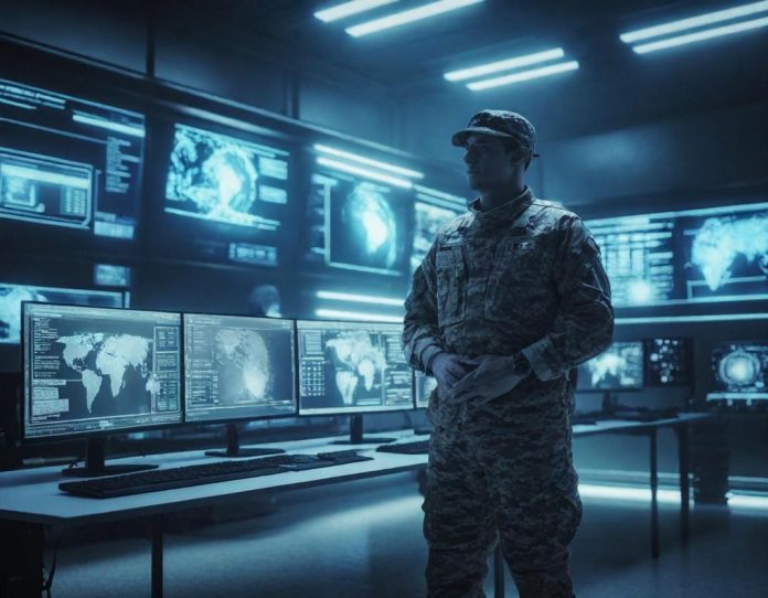 Military personnel monitoring advanced digital mapping systems in secure command center environment